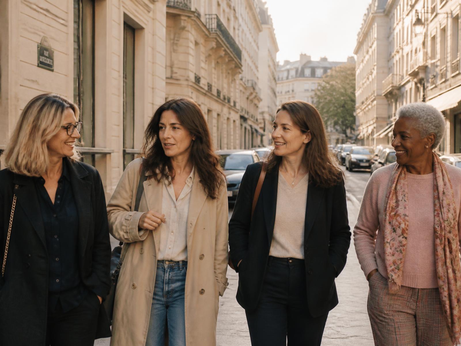 Four women of different ages walking and talking together on a Paris street in soft afternoon light