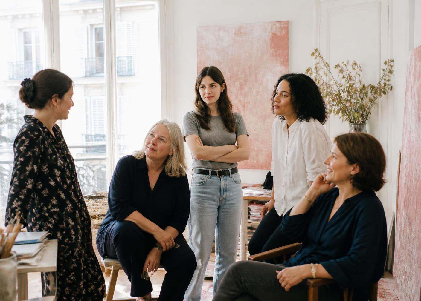 A small group of women in conversation in a light-filled Paris artist studio
